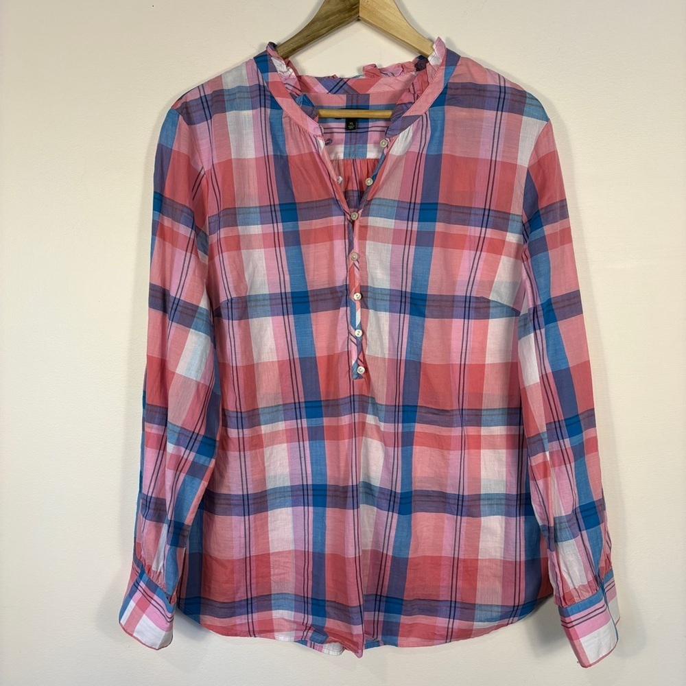 Talbots Pink Plaid Long Sleeve Button Down Popover Shirt Colorful Coastal